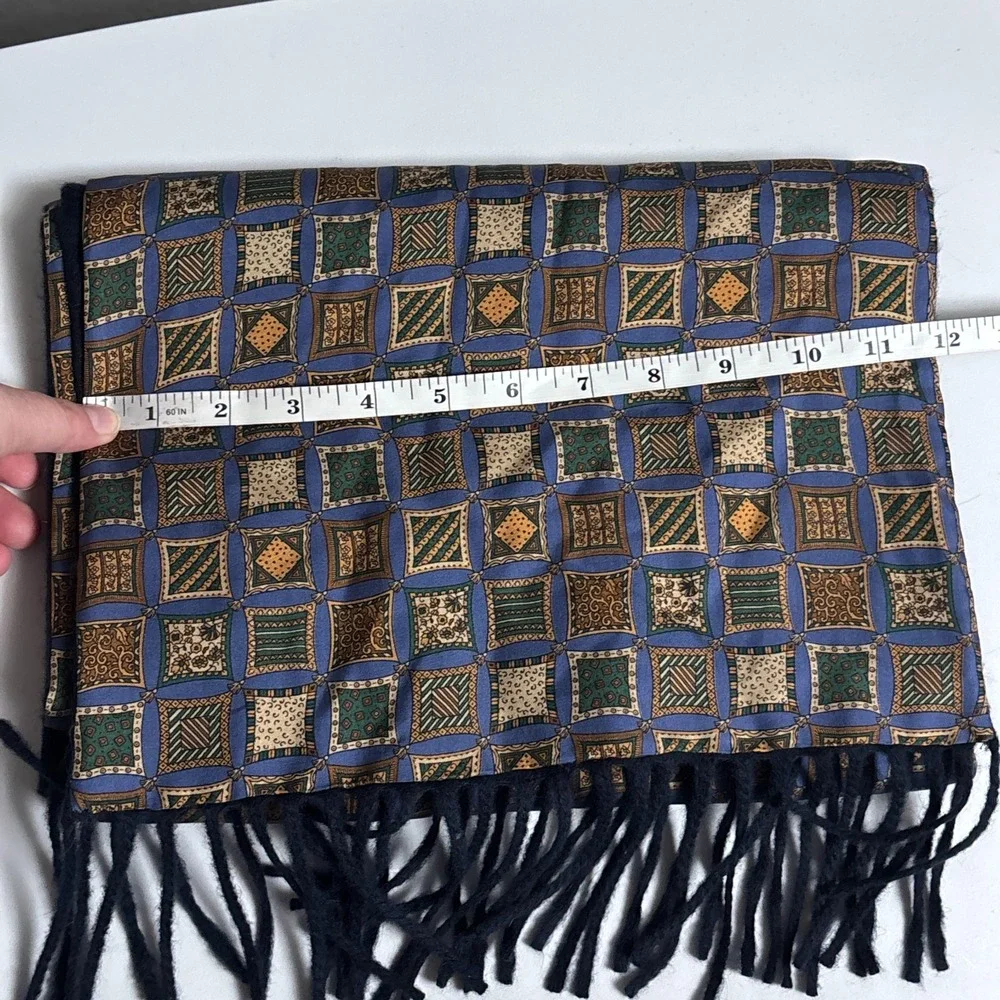 Salvatore‎ Ferragamo Silk Cashmere Winter Scarf Mens Blue Gold Italy Geometric